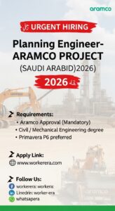 URGENT HIRING Planning Engineer – ARAMCO PROJECT (SAUDI ARABIA)
