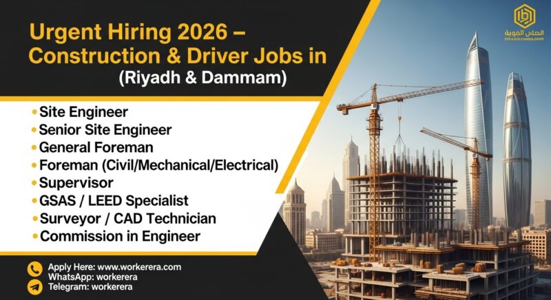 Urgent Hiring 2026 – Construction & Driver Jobs in Saudi Arabia | Riyadh & Dammam Jobs