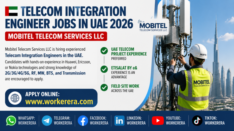 Telecom Integration Engineer Jobs in UAE 2026 at Mobitel Telecom Services LLC | Latest Huawei, Ericsson, Nokia, 4G and 5G Telecom Careers