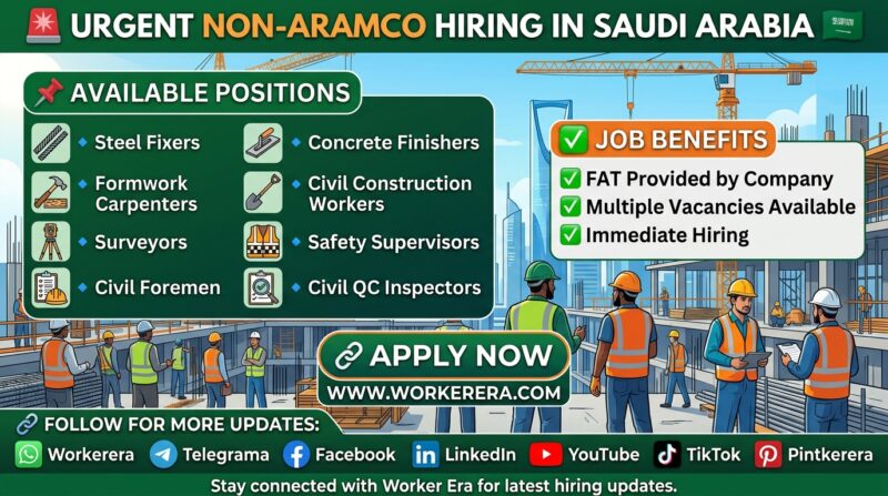 Non-Aramco Construction Jobs in Saudi Arabia 2026 – Multiple Civil & Safety Vacancies Available
