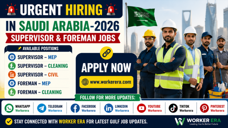 Supervisory & Foreman Jobs in Saudi Arabia 2026 | Multiple MEP, Civil & Cleaning Vacancies