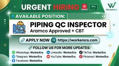 Piping QC Inspector (Aramco Approved + CBT) Job Vacancy in Jubail, Saudi Arabia