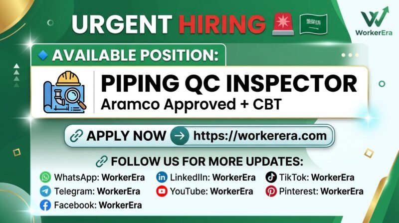 Piping QC Inspector (Aramco Approved + CBT) Job Vacancy in Jubail, Saudi Arabia