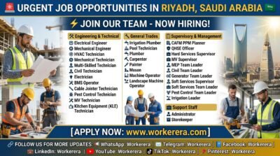 Urgent Hiring in Riyadh, Saudi Arabia – Multiple Vacancies for Engineers, Technicians, Skilled Workers, Supervisors & Administrative Staff | Now Apply