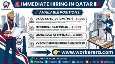 Immediate Hiring in OHA, Qatar – QA/QC Inspectors, Draftsmen & QC Engineers 🇶🇦