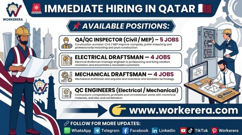 Immediate Hiring in OHA, Qatar – QA/QC Inspectors, Draftsmen & QC Engineers 🇶🇦